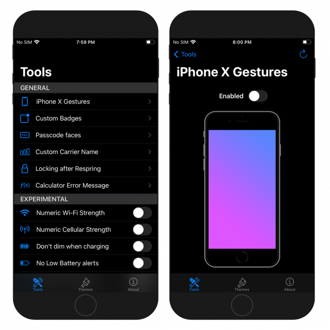 Two iPhone screens showing the TrollTools Tools Interface on iOS 15.