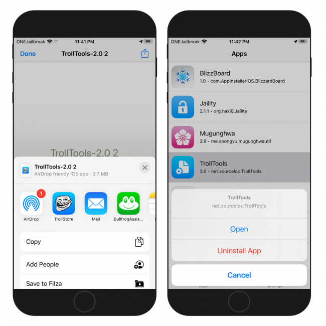 Two iPhone screens showing the installation process of TrollTools IPA with TrollStore.