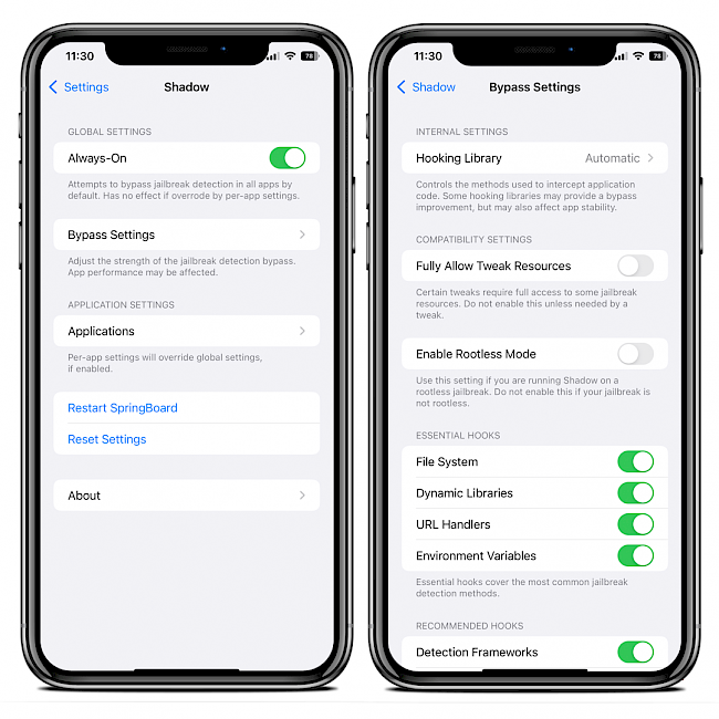 Two iPhone screens showing Shadow jailbreak detection bypass tweak settings on iOS.