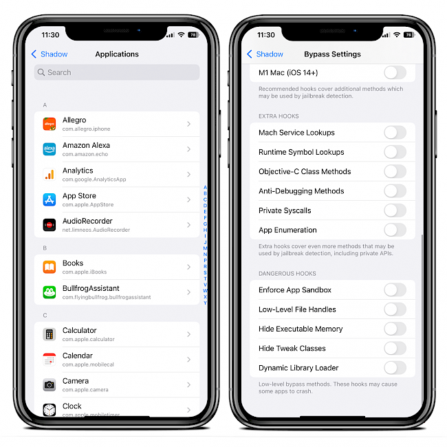Two iPhone screens showing Shadow tweak per-app jailbreak bypass configuration options.