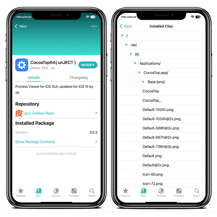 Two iPhone screens showing the CocoaTop Repo and installed files on iOS 15.