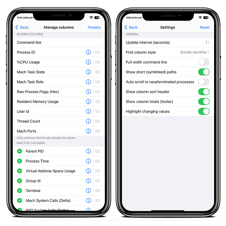 Two iPhone screens showing the CocoaTop app Settings and columns manager.