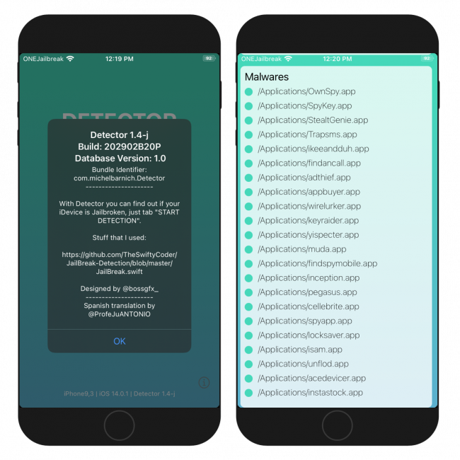 Two iPhone screens showing Detector database version and scanned apps for malware components.