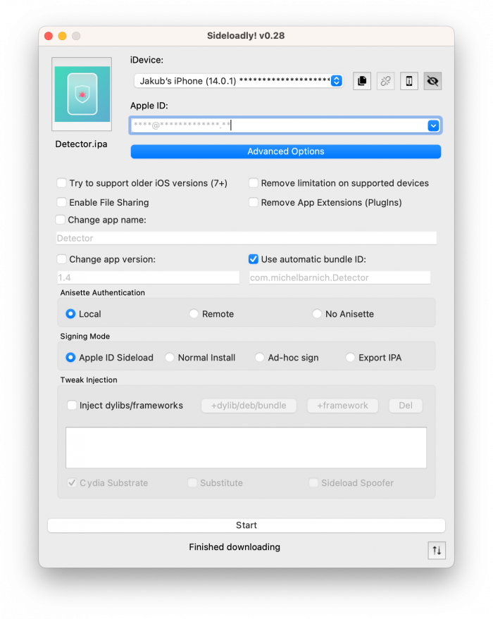Screenshot of Sideloadly app with Detector.IPA ready to be signed and installed on iPhone.