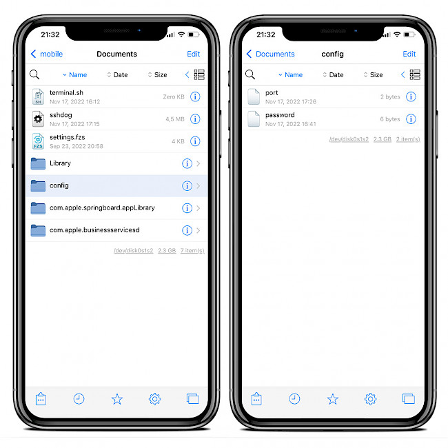 Two iPhone screens showing SSHDog SSH server and config folder in Filza app on iOS 15.