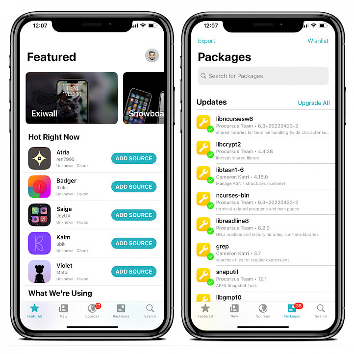 Two iPhone screens showing Sileo Package Manager installed on A12+ running iOS 15.