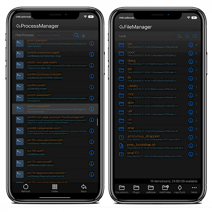 Two iPhone XS Max screens showing XinaA15 iOS 15 Jailbreak built-in File Manager and Process Viewer tools.