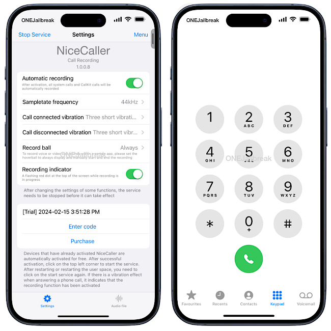 Two iPhone screens showing the NiceCaller for TrollStore app interface.