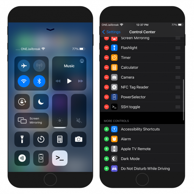 Two iPhone screens showing the OpenSSH CC Toggle in the Control Center on iOS.