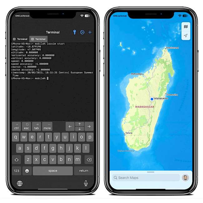 Two iPhone screens showing the locsim command executed in terminal app on iOS 15.