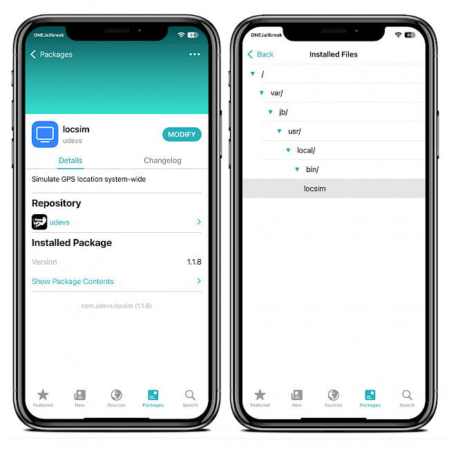 Two iPhone screens showing LocSim Repo and installed files.