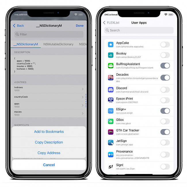 Two iPhone screens showing FLEXList tweak features.