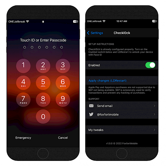 Two iPhone screens showing Checkl0ck preferences and Touch ID enabled on Palera1n iOS 15 jailbreak.