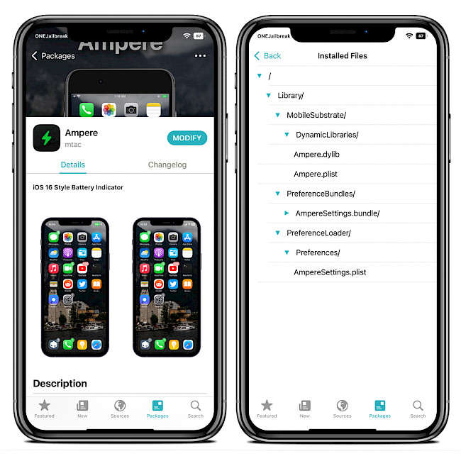 Screenshot of Ampere tweak repo and installed files.