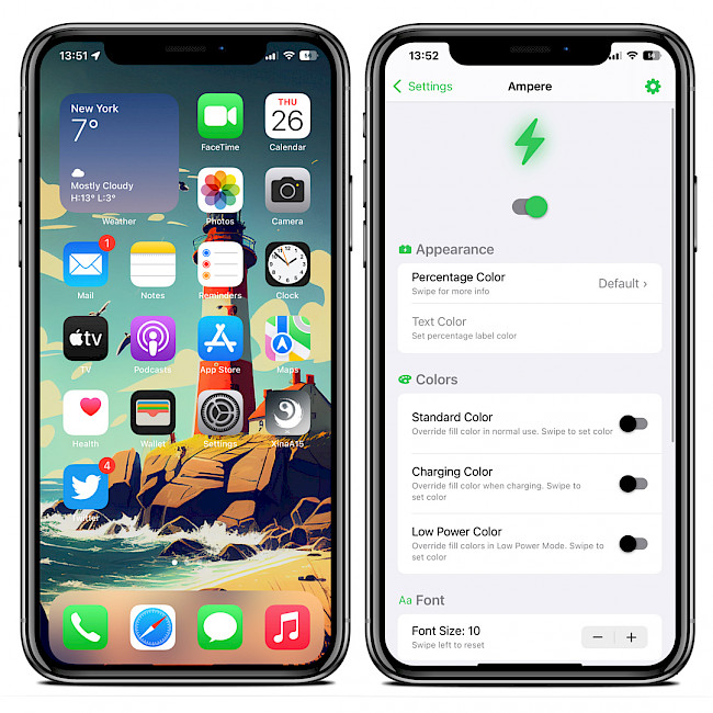 Two iPhone screens showing the Ampere and tweak preferences on iOS 15.
