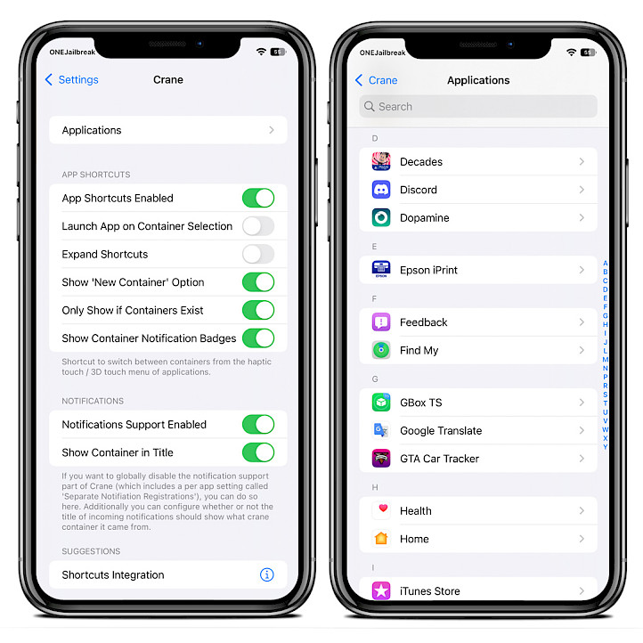 Two iPhone screens showing Crane tweak preference pane in the Settings app on iOS 15.