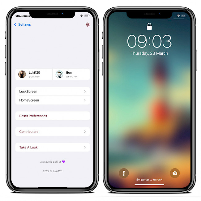 Two iPhone screens showing the Amelija tweak preference pane and blurred wallpaper effect.