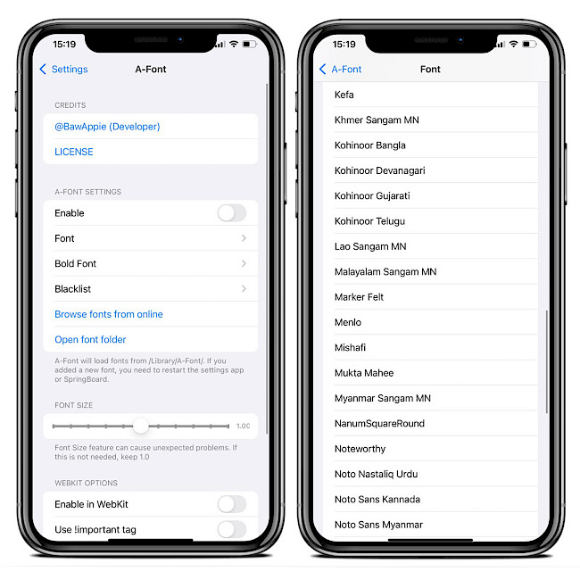 Two iPhone screens showing A-Font tweak preference pane running on iOS 15 jailbreak.