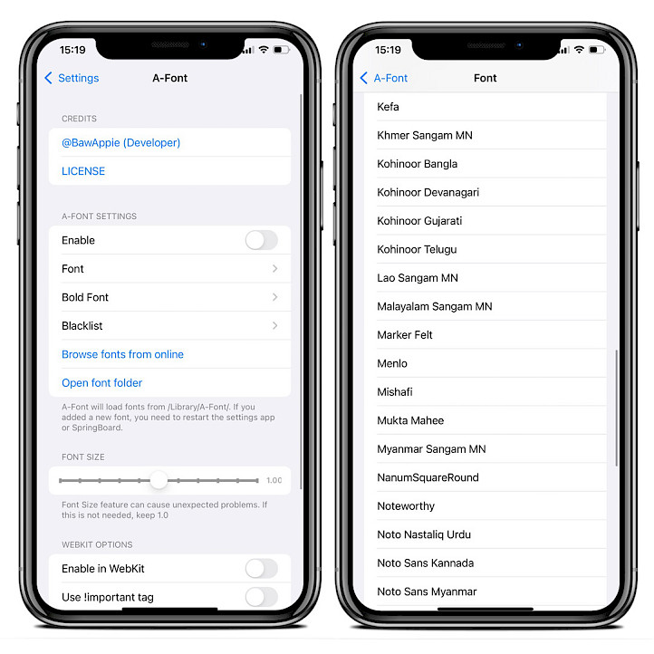 Two iPhone screens showing A-Font tweak preference pane running on iOS 15 jailbreak.
