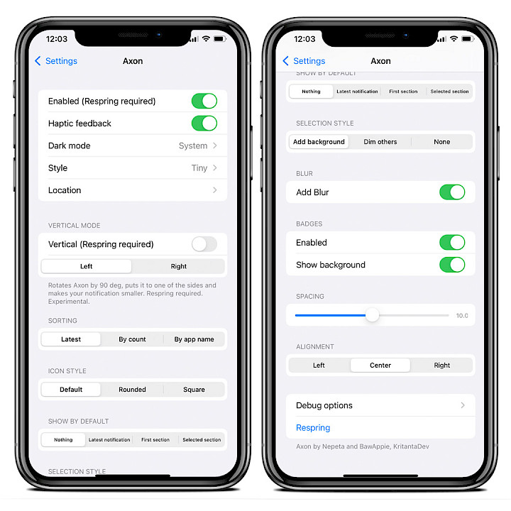 Two iPhone screens showing Axon tweak preference pane in Settings app on iPhone XS Max.