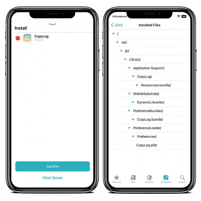 Screenshot of Sileo app showing CopyLog Repo and installed files.