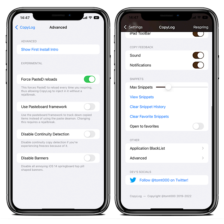 Two iPhone screens showing CopyLog configuration options in the Settings app on iOS 15.