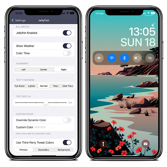Two iPhone screens showing the Jellyfish tweak date and time font replacement on Lock Screen.