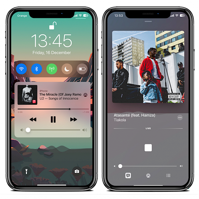 Two I|Phone screens showing Mitsuha Forever animation played on Lock Screen and in Music.app.