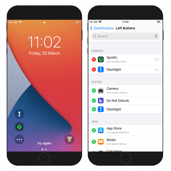 Two iPhone screens showing the QuickActions tweak preferences and new options in Quick Actions on Lock Screen.