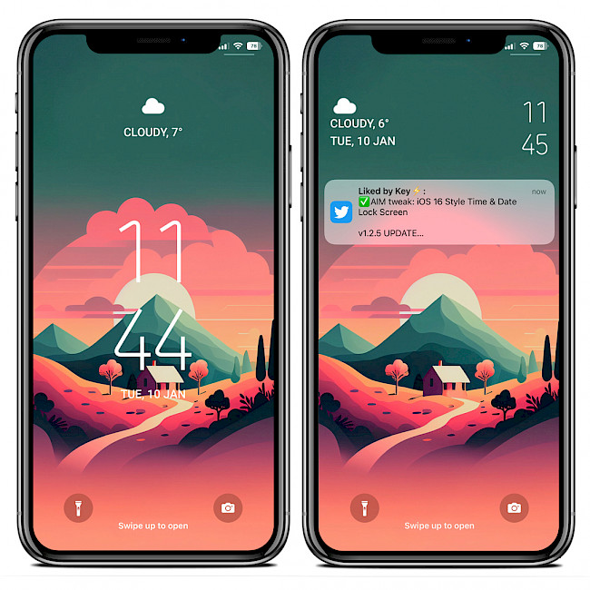 Two iPhone Lock Screens screenshots showing Waktos tweak styles.