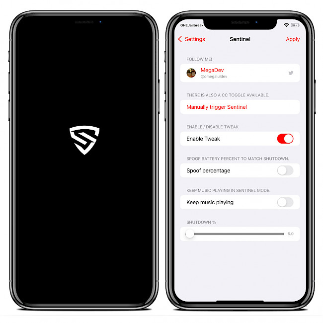 Two iPhone screens showing the Sentinel tweak preference pane in Settings app.