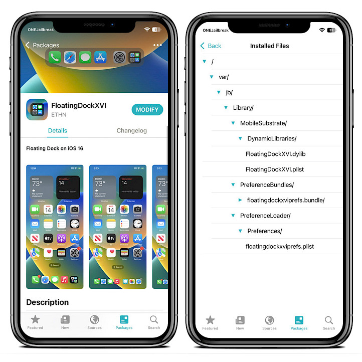 Sileo app showing FloatingDockXVI Repo and tweak installed files.