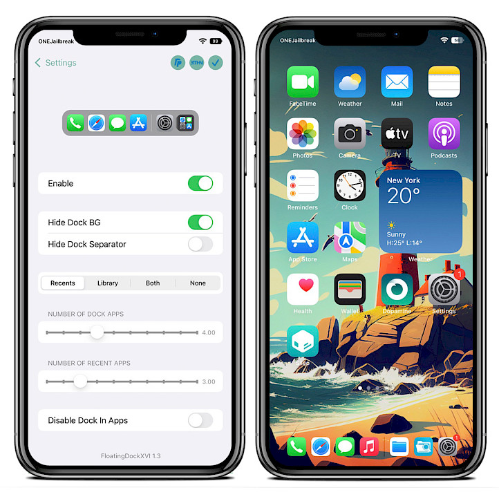 Two iPhone screens showing FloatingDockXVI tweak preferences and new Dock on iOS 15.
