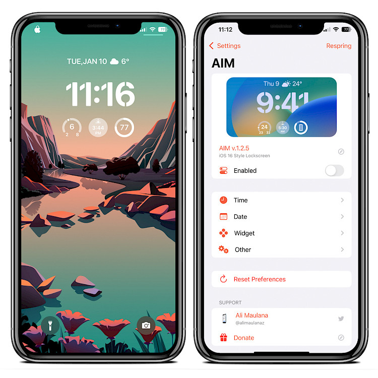 Two iPhone screens showing the AIM tweak main settings page and iOS 16 Lock Screen on iOS 15.