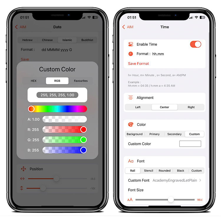 Two iPhone screens showing AIM tweak Time configuration pane and custom colour selector.