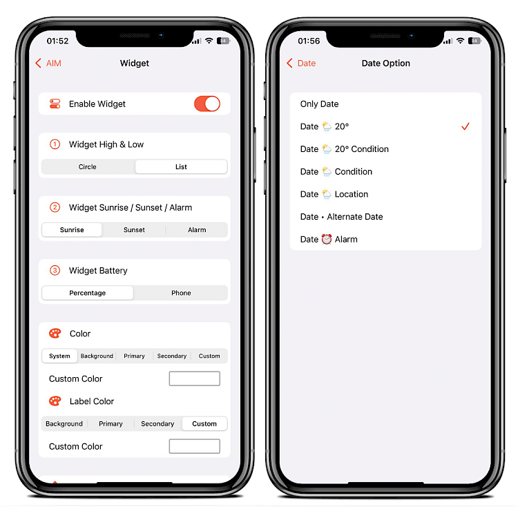 Two iPhone XS Max screens showing AIM tweak available configuration options for widgets and date options.