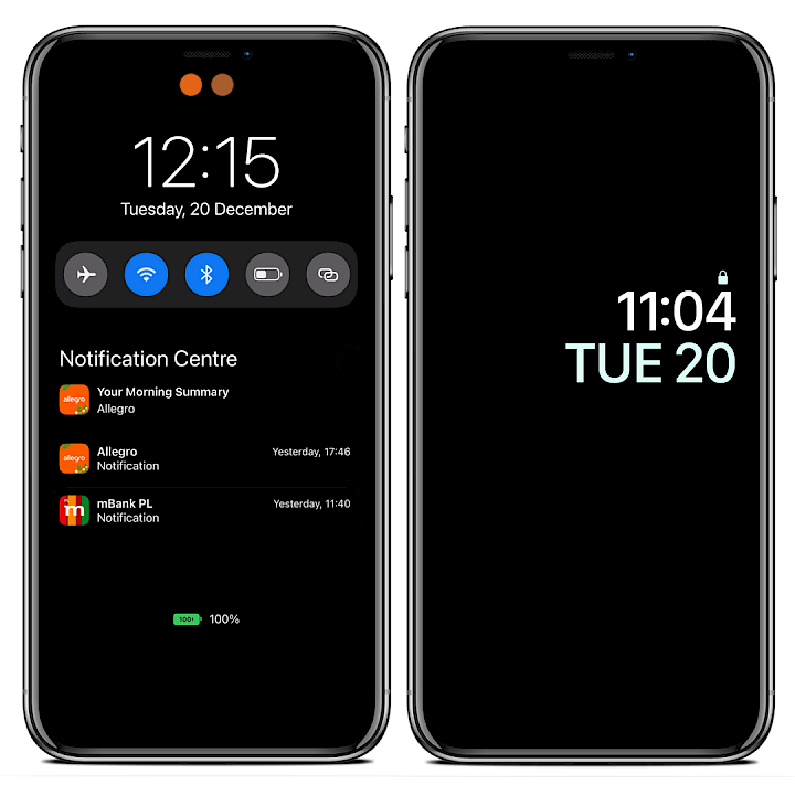 Two iPhone screens showing LastLook tweak example configuration options on always-on display screen.