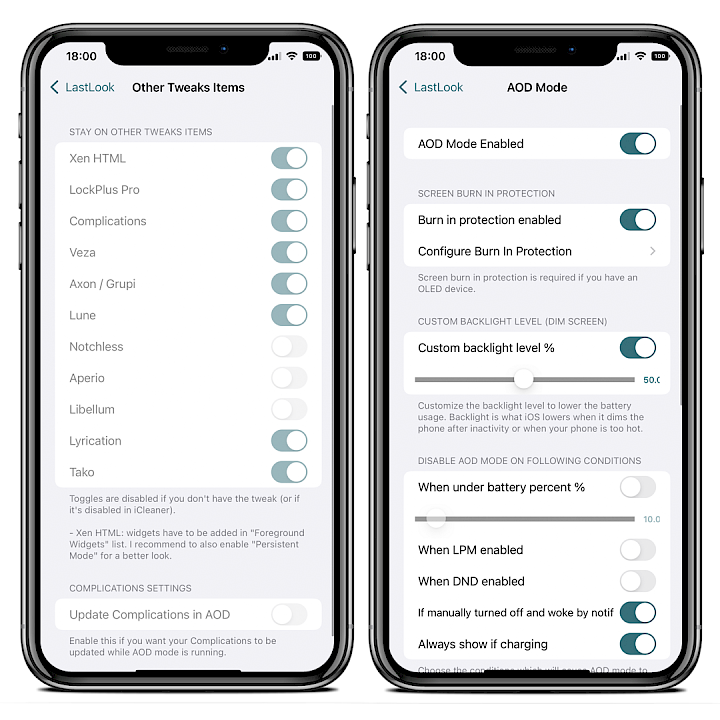 Two iPhone screens showing the LastLook tweak configuration pane in the Settings app.