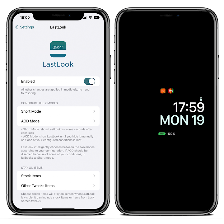 Two iPhone screens showing the LastLook tweak preference pane and always-on display look on Lock Screen.