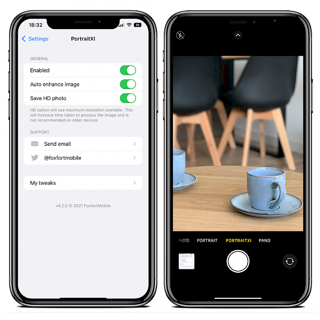 Two iPhone screens showing PortraitXI tweak settings page and Camera app integration on iOS 15.