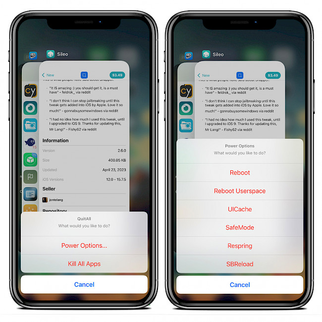 Two iPhone screens showing QuitAll by P2KDev for Fugu15.