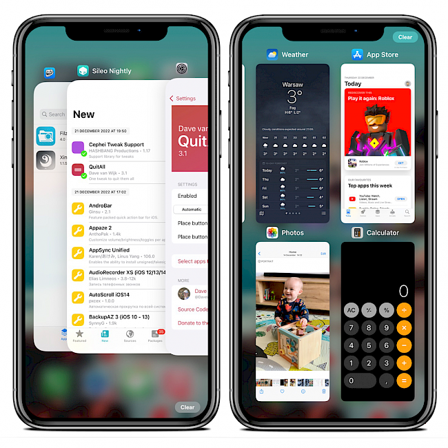 Two iPhone screens showing QuitAll tweak enabled on the app grid switcher on iOS 15.