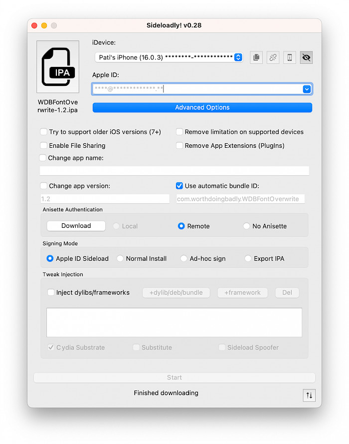 Screenshot of Sideloadly app with loaded WDBFontOverwrite IPA for iOS 15.