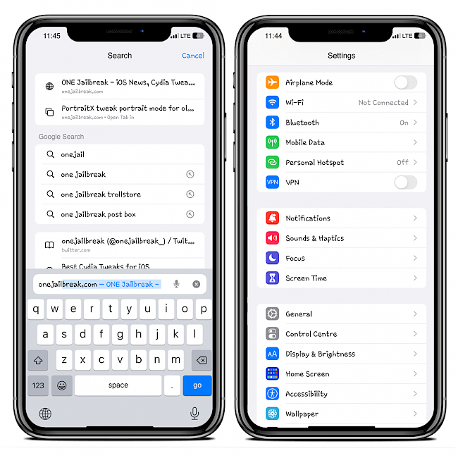 Two iPhone screens showing fonts replaced on stock iOS with WDBFontOverwrite app.