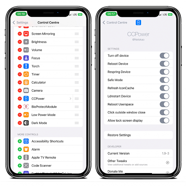 Two iPhone screens showing CCPower module settings in Control Centre on iOS 15.