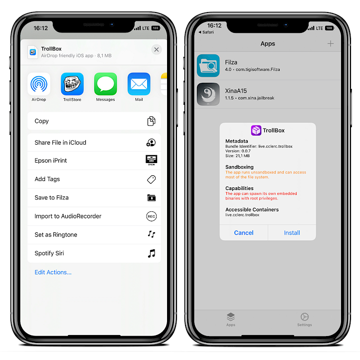 Two iPhone screens showing installation process of TrollBox IPA with TrollStore app on iOS 15.