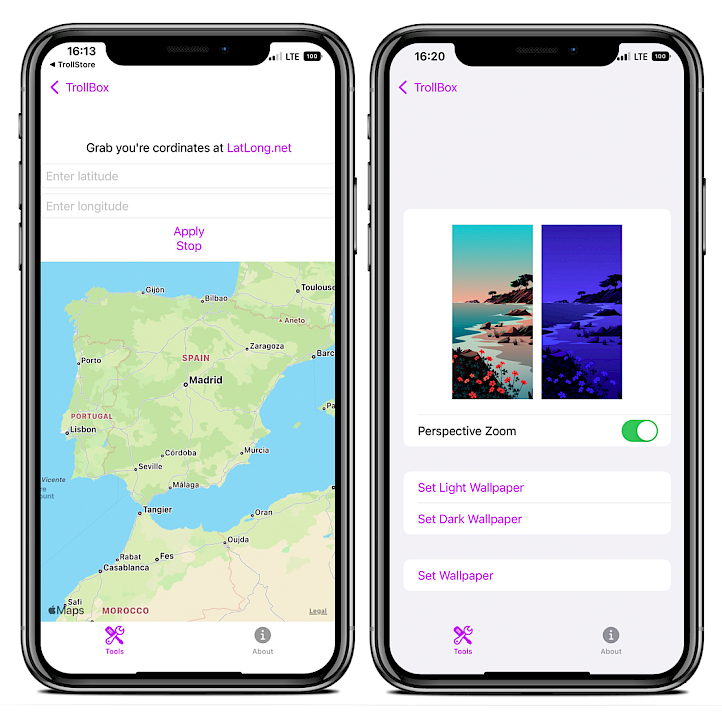 Two iPhone screens showing the TrollBox Location Simulation and Wallpaper changer tool.