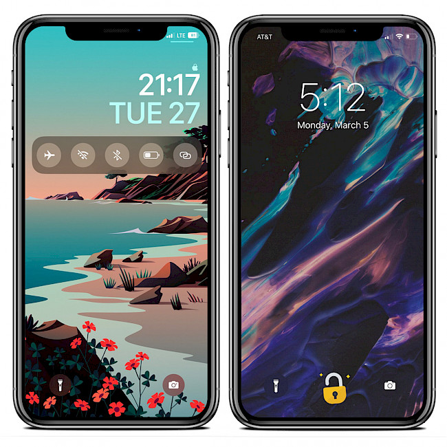 Two iPhone screens showing the LatchKey tweak glyph themes on iOS 15 Lock Screen.