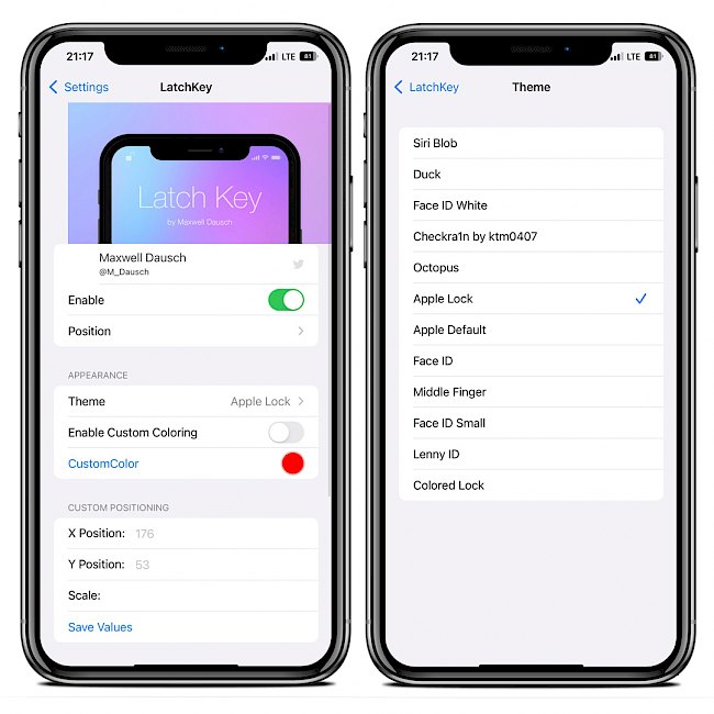 Two iPhone screens showing the LatchKey tweak preference and theme pane in Settings app.