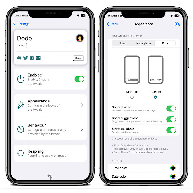 Two iPhone screens showing the Dodo tweak configuration pane in the Settings app.